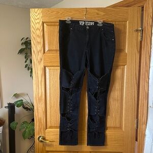 VIP Black Skinny Jeans with Lace-Up Cutouts